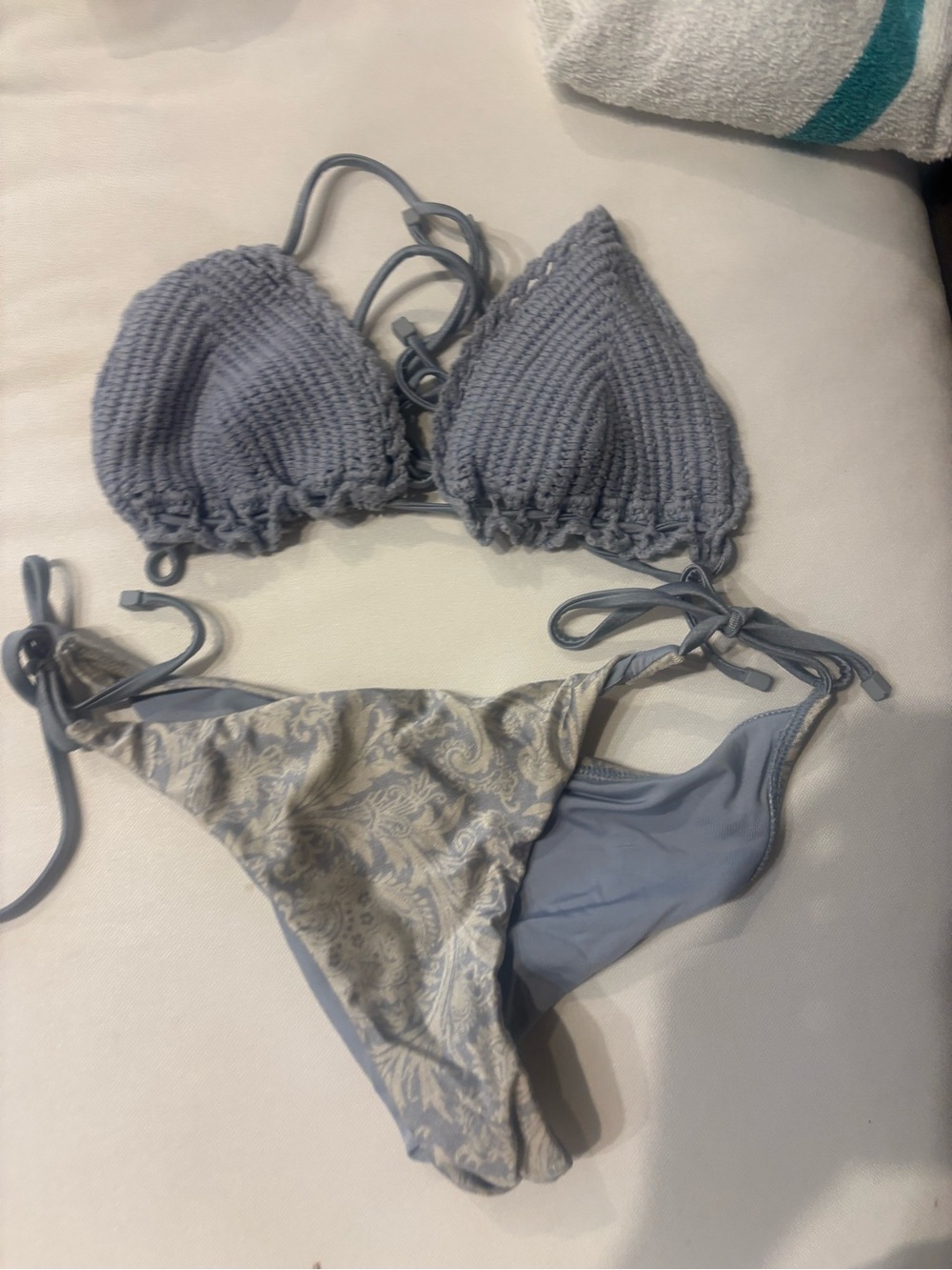 Zimmermann Light Blue Crochet Triangle Bikini with Paisley Print Bottoms size 2